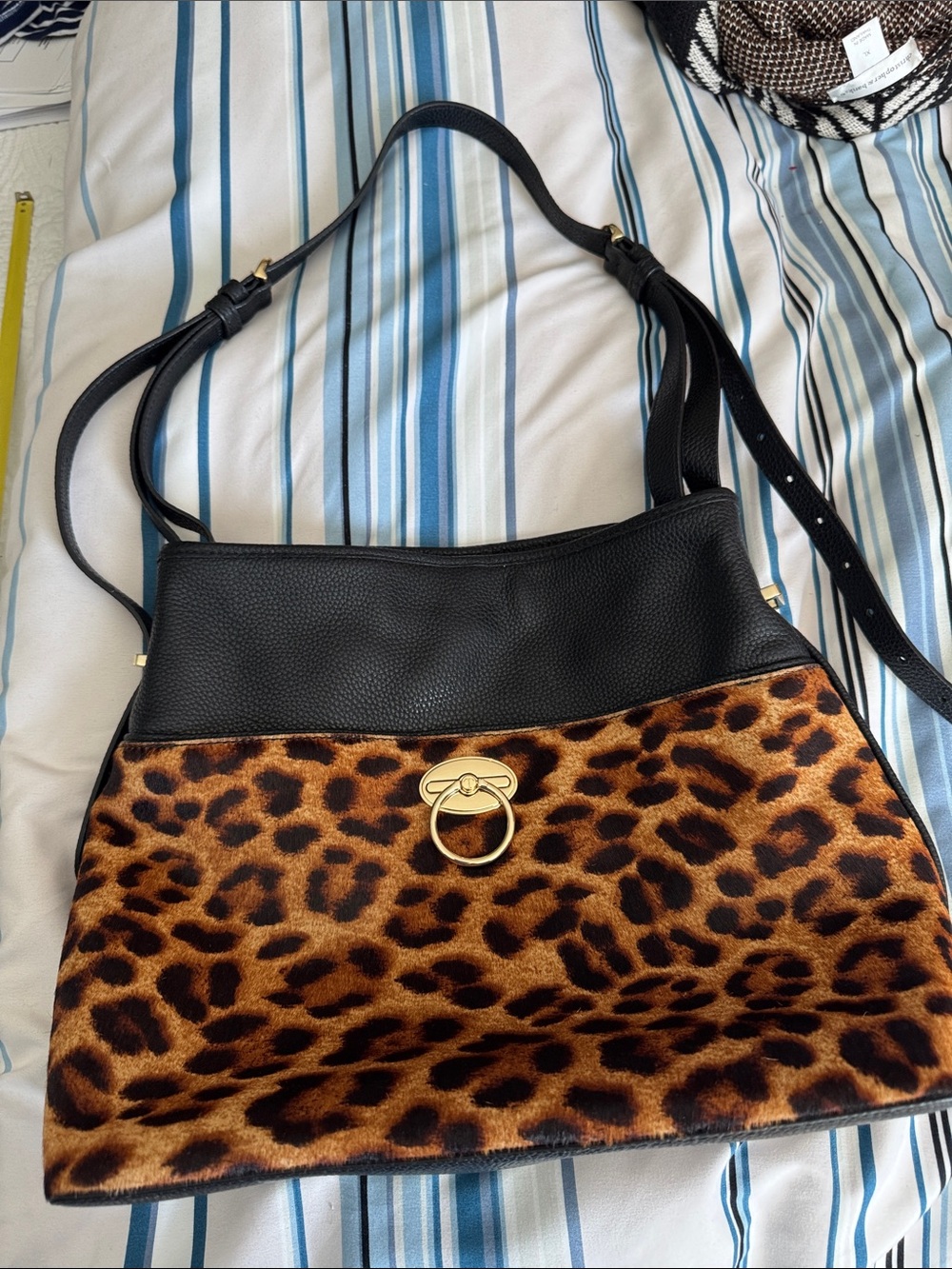 Talbots Black & Leopard Shoulder Bag with Gold Ring Accent